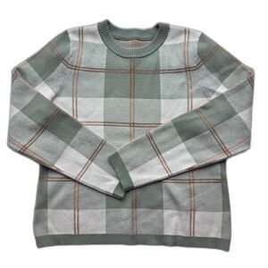MAX STUDIO Sweater Green White Plaid Crewneck M Preppy Normcore Fitted Cozy